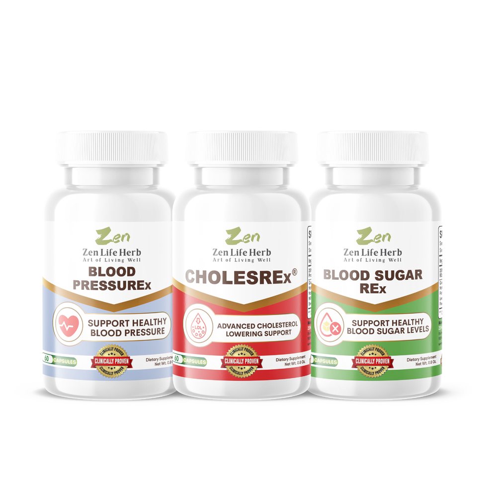 Blood PressureX, CholesREx and Blood Sugar REx bottles